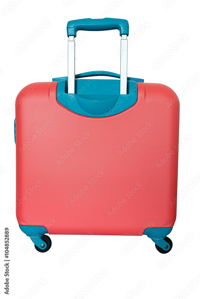 Orange travel plastic suitcase with wheels realistic on white background Orange travel plastic suitcase with wheels realistic on white background