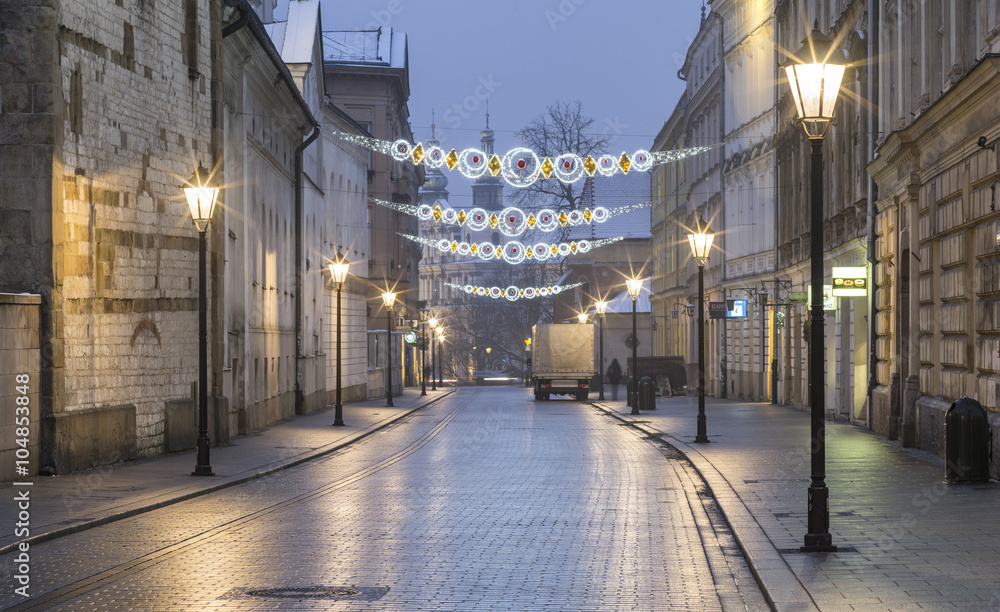 morning with lights in Krakow in Poland morning with lights in Krakow in Poland