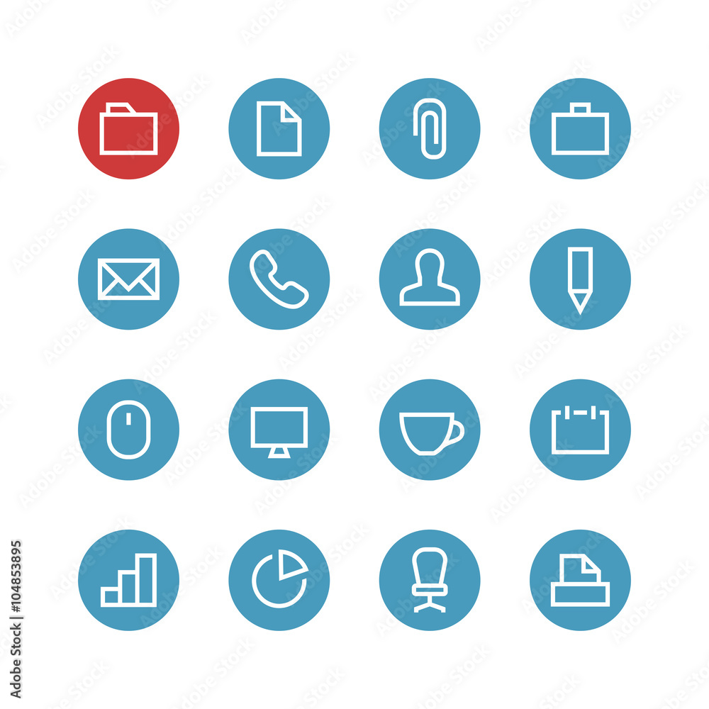 Office vector icon set - different symbols on the round blue background. Office vector icon set - different symbols on the round blue background.