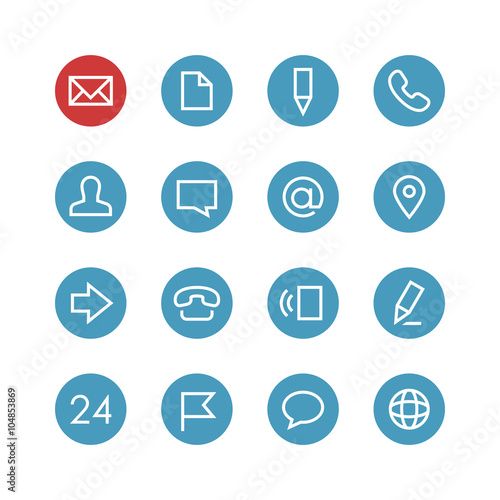 Contacts vector icon set - different symbols on the round blue background.