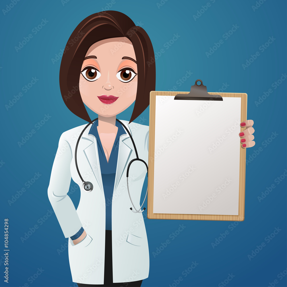 Cartoon female doctor holding a blank clipboard Stock Vector | Adobe Stock