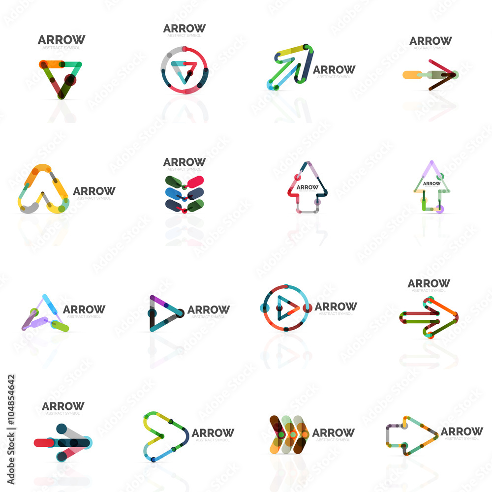 Set of linear arrow abstract logos, connected multicolored segments lines in directional pointer figures Set of linear arrow abstract logos, connected multicolored segments lines in directional pointer figures
