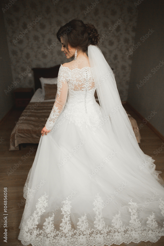 Luxury bride in white dress posing while preparing for the wedding ceremony Luxury bride in white dress posing while preparing for the wedding ceremony