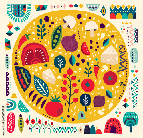 Fototapeta Sztuki wektorowa kolorowa ilustracja z pizzą i innymi elementami