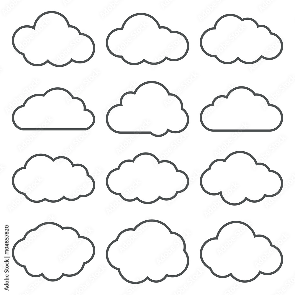 Naklejka Kolekcja Cloud Shapes. Zestaw ikon chmury cienka linia.