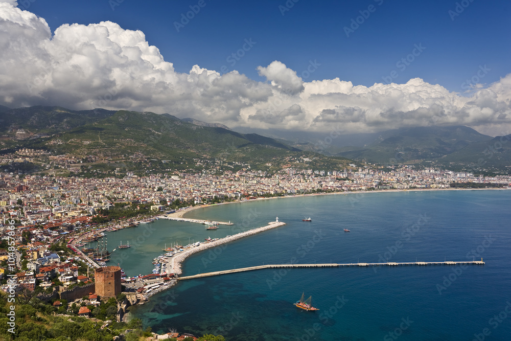Turkey. Alanya. Aerial view from the Citadel of Alanya on the eastern part of modern city with harbor