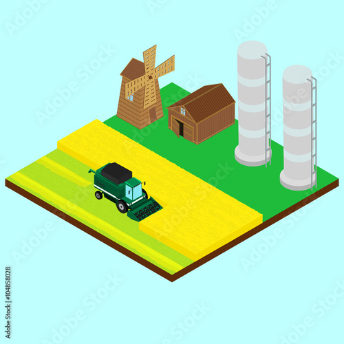 vector illustration. Harvesting wheat. Harvester, windmill, silo, barn, combine harvester gathers wheat on a field. isometric