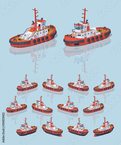 Low poly red and white tugboat. 3D lowpoly isometric vector illustration. The set of objects isolated against the light-blue background and shown from different sides