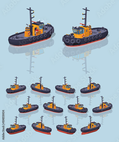 Low poly orange and black tugboat. 3D lowpoly isometric vector illustration. The set of objects isolated against the light-blue background and shown from different sides