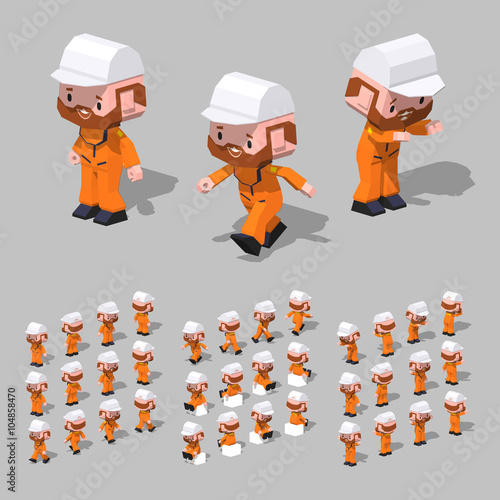 Low poly tugboat sailor. 3D lowpoly isometric vector illustration. The set of objects isolated against the grey background and shown from different sides