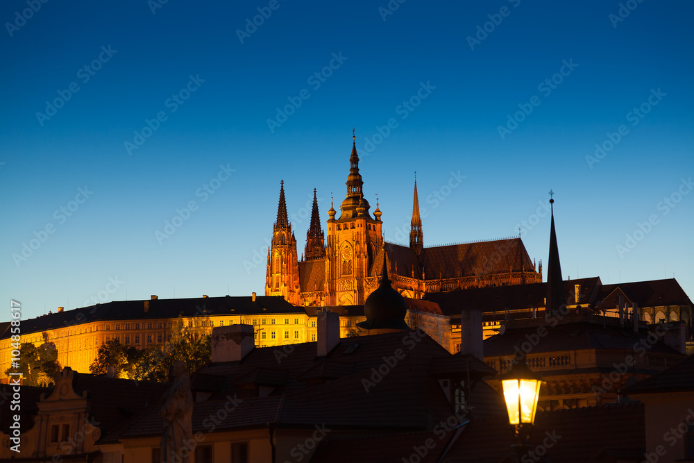 Twilight scene of Prague and St Vitus cathedral and castle in th