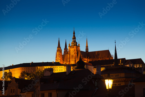 Twilight scene of Prague and St Vitus cathedral and castle in th