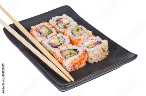 Different types of Sushi in a plate isolated on white background