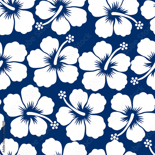 Graphic white tropical hibiscus flowers seamless pattern