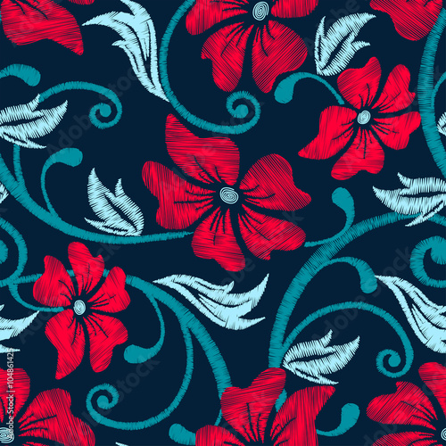Red hibiscus tropical embroidery floral seamless pattern