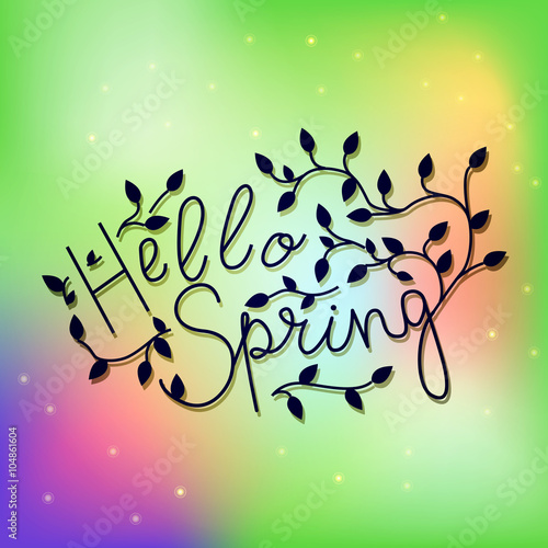 PrintCreative green texture with leaves. Doodle circle frame with text hello spring. Vector design for spring sales, banners, advertisement.