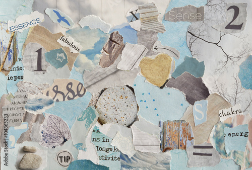 serene zen Creative Atmosphere art mood board collage sheet in color idea  aqua blue , mint green,grey, white made of  teared magazine and printed matter paper with colors and textures
