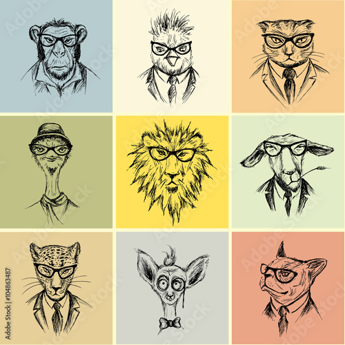 Hand Drawn set  nine animal  Hipster