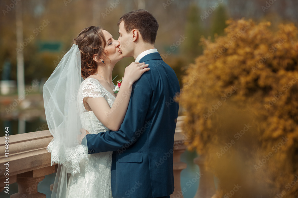 Newlyweds in the park. Groom kisses bride