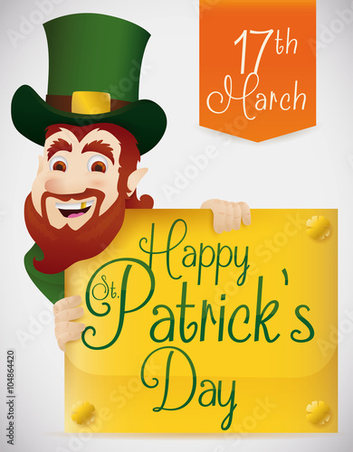 Smiling Leprechaun with Golden Sign for Patrick's Day Celebration, Vector Illustration