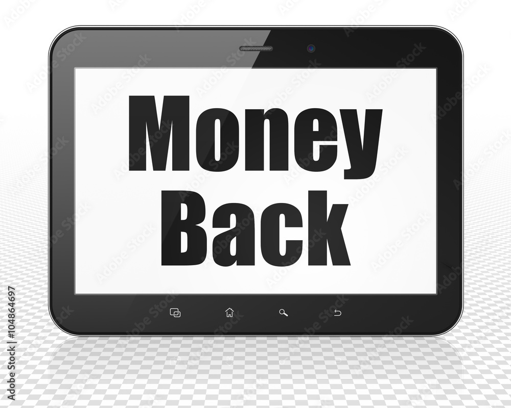 Finance concept: Tablet Pc Computer with Money Back on display Finance concept: Tablet Pc Computer with Money Back on display