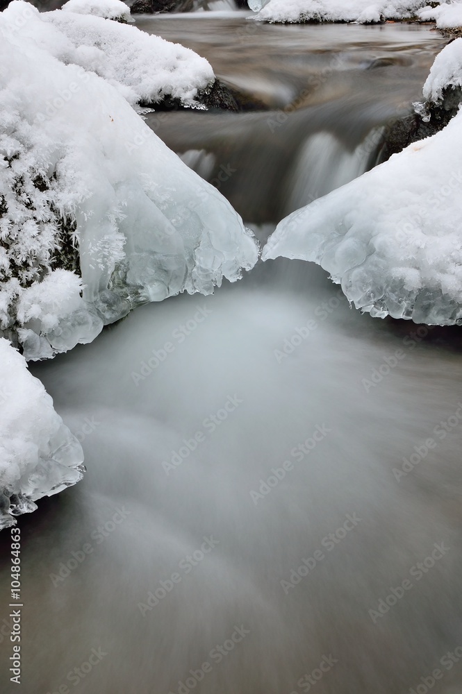Water and ice in winter mountain stream