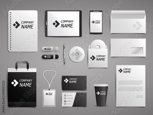 Business mock up set. Black and white style. Business card, pen,