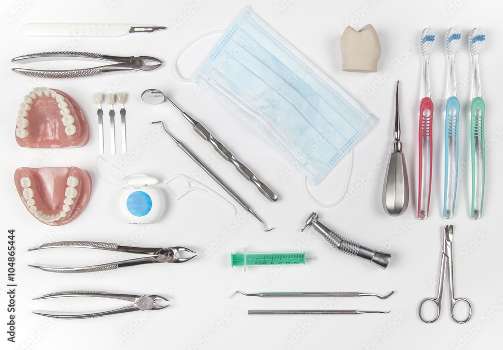 Top down view of various dental instruments Top down view of various dental instruments