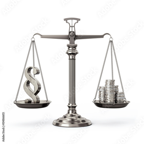 Silver scales with paragraph sign and coins - balanced - front view photo