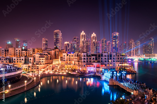 Beautiful famous downtown area in Dubai at night, Dubai, United Arab Emirates