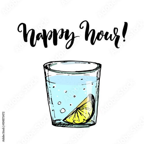 Happy hour poster with illustration of tequila shot. 