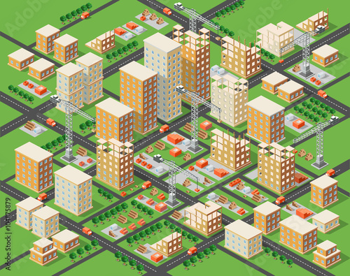 Crane construction industry town Isometric big city
