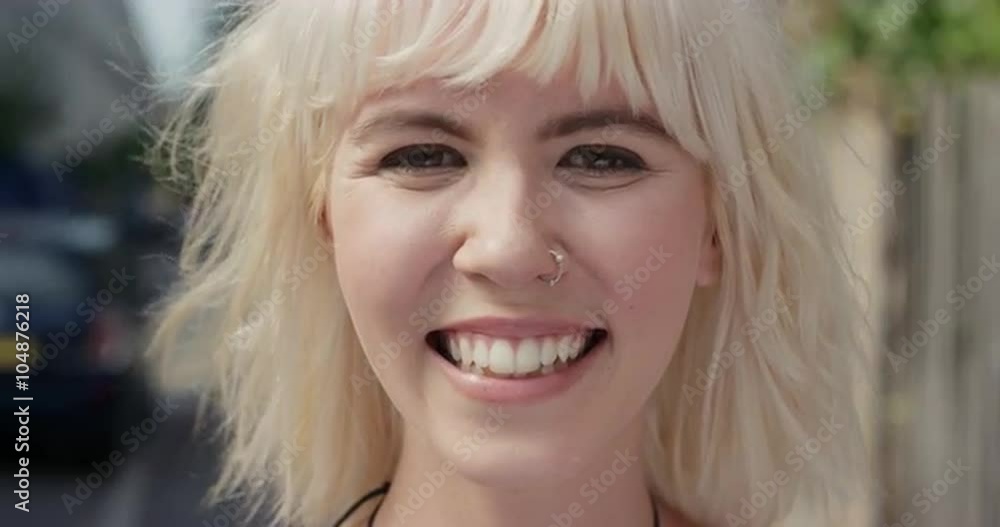 Slow Motion Portrait of happy beautiful caucasian woman smiling Slow Motion Portrait of happy beautiful caucasian woman smiling