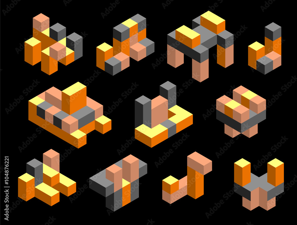 Isometric abstract geometric design elements with colored parts on a white background Isometric abstract geometric design elements with colored parts on a white background