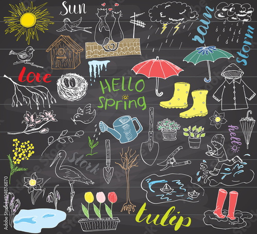 Spring season set doodles elements. Hand drawn sketch set with umbrella, rain, rubber boots, raincoat, flovers, garden tools, nest and birds. Drawing doodle collection, on chalkboard