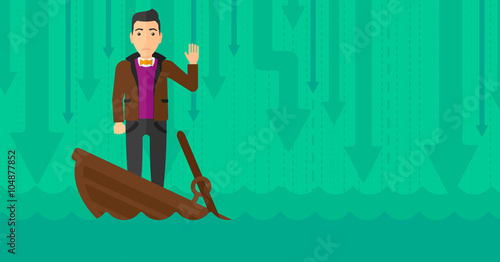 Businessman standing in sinking boat.