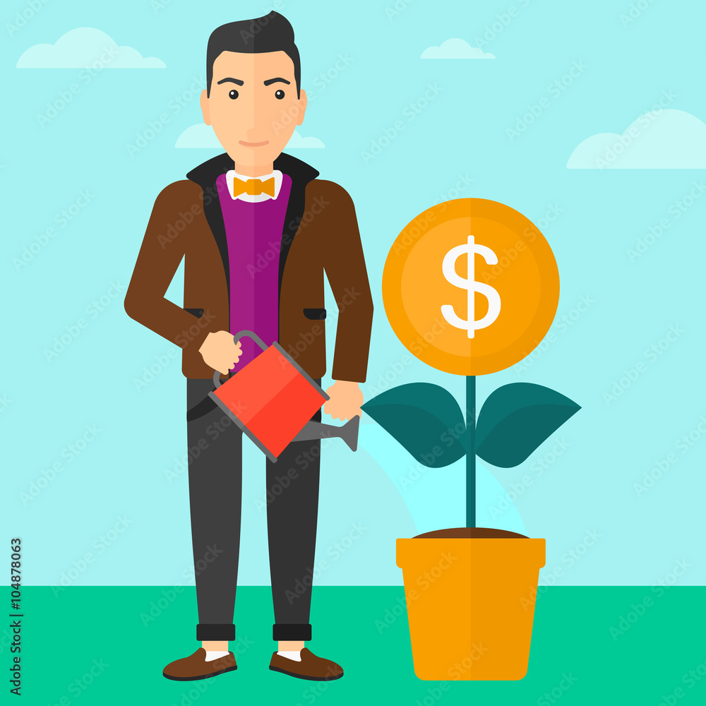 Man watering money flower. Man watering money flower.