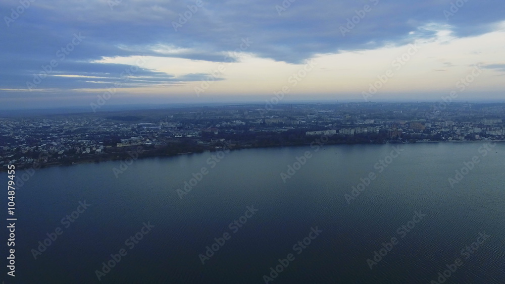 Aerial view of the lake and cities Aerial view of the lake and cities