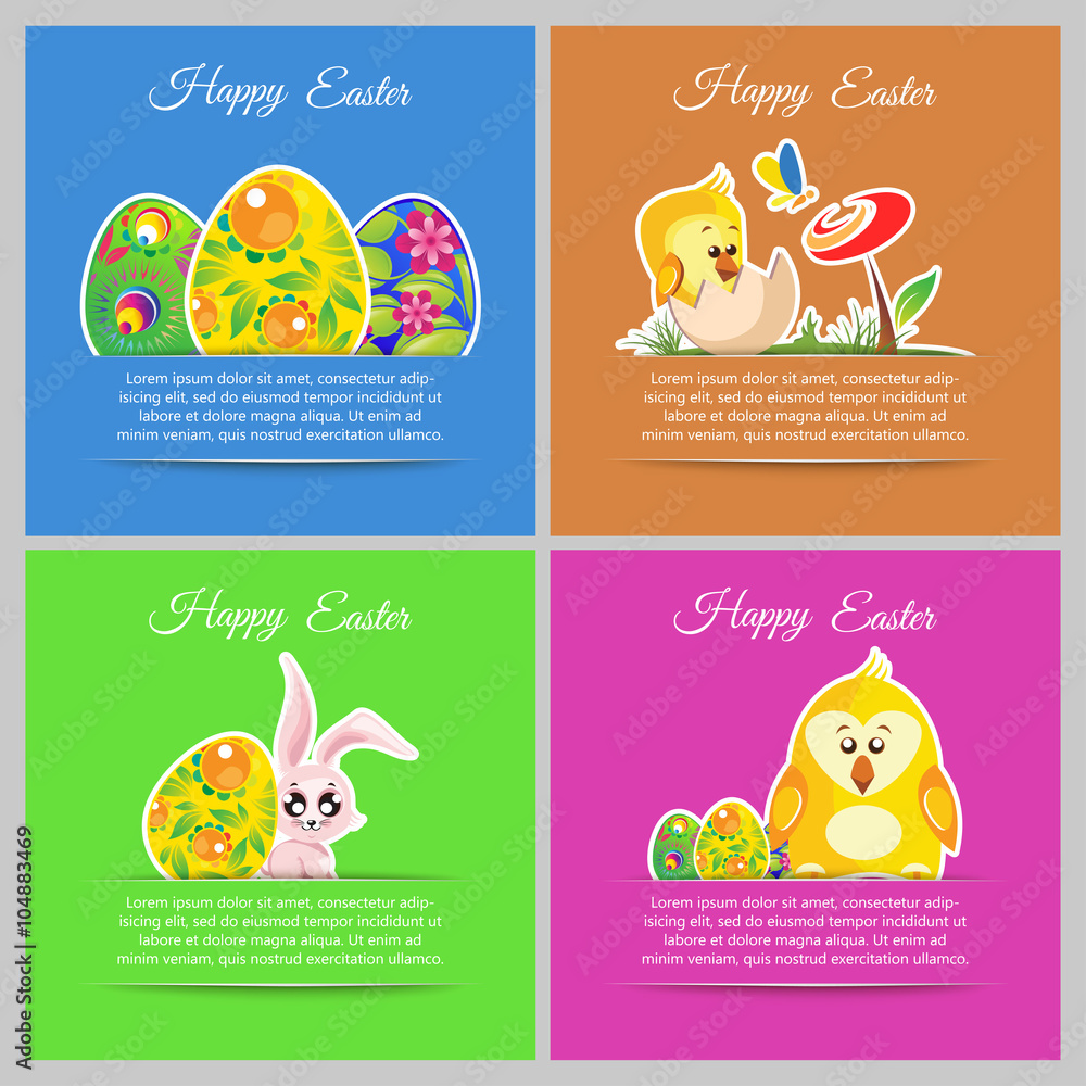 Happy easter colorful vector illustration cards Set meadow with newborn chicken, flower, butterfly, ornament floral eggs