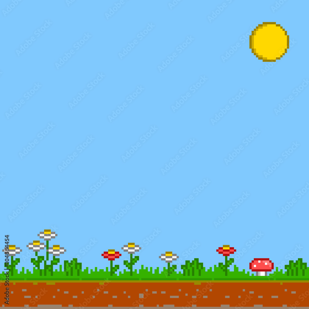 Obraz premium Pixel 8 bit game background. Vector sunny day.