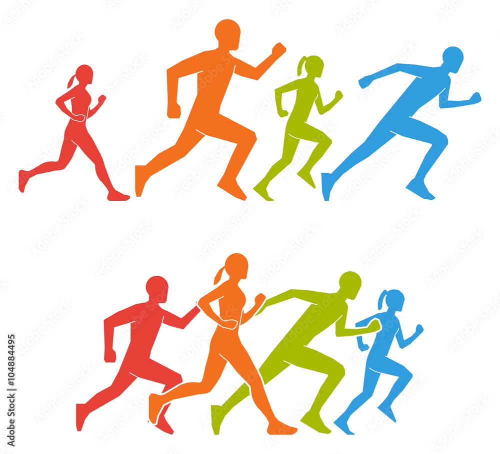 Flat vector figures marathoner. Colored silhouettes of runner.