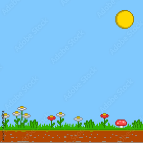Pixel 8 bit game background. Vector sunny day.