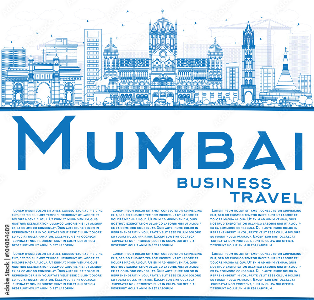 Outline Mumbai Skyline with Blue Landmarks.