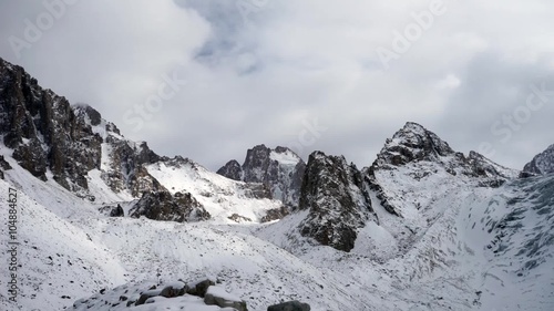 Panoramic view of the winter mountains. Kyrgyzstan.Ala-Archa. 