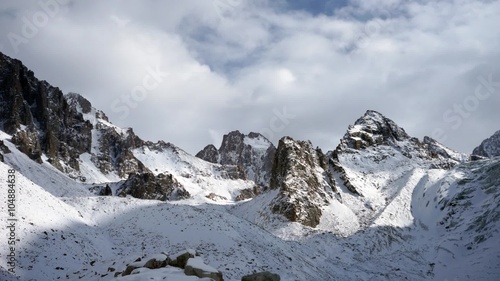 Panoramic view of the winter mountains. Kyrgyzstan.Ala-Archa. 
