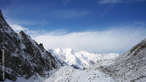 Panoramic view of the winter mountains. Kyrgyzstan.Ala-Archa. 