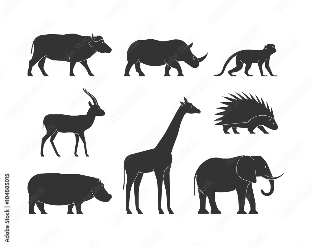 Black silhouettes african animals. Vector figure african animals