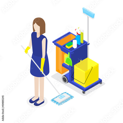Vector cleaning staff characters with cleaning equipment