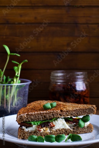 Delicious healthy vegetarian sandwich with cottage cheese,green sprouts