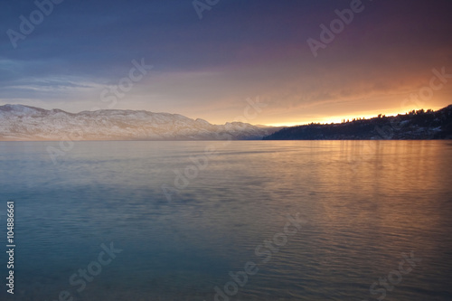 scenic sunset on mountain lake